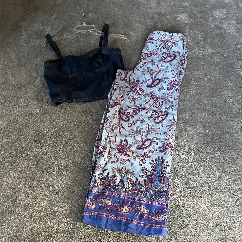 Denim Crop Top and Paisley Maxi pants Set
